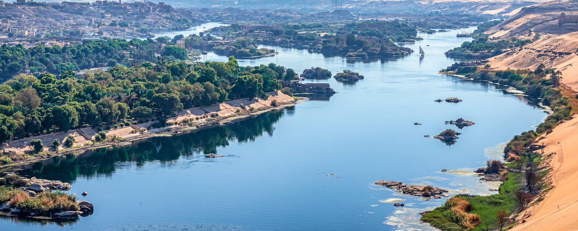 Panoramablick auf den Nil mit grüner Uferlandschaft, Sandbänken und Stadt im Hintergrund