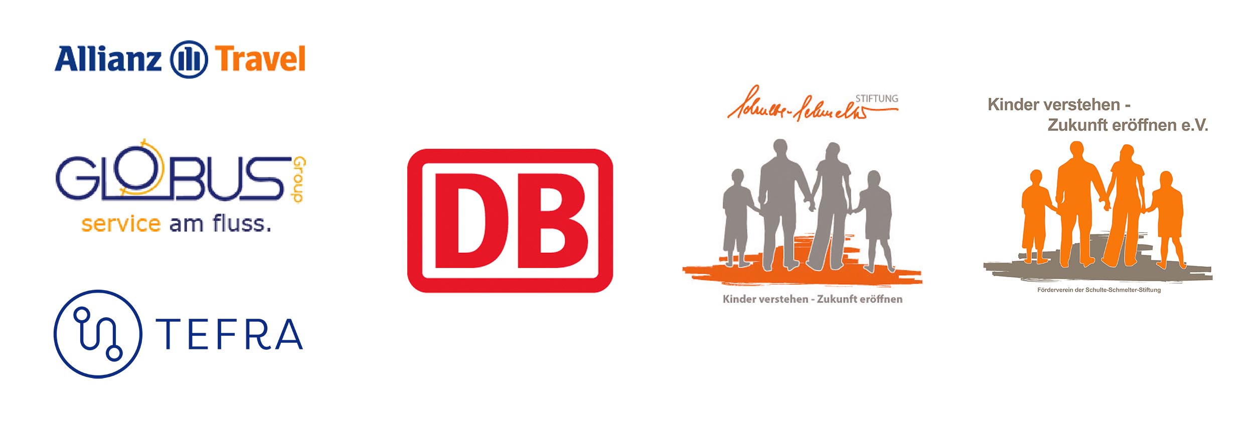 Bild von verschiedenen Logos. Allianz Travel, Globus Group, Tefra, Die Bahn, Schulte-Schmelter Stift