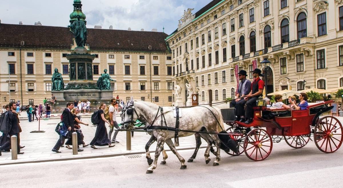Kutsche mit weißem Pferd und Menschen vor historischem Gebäude