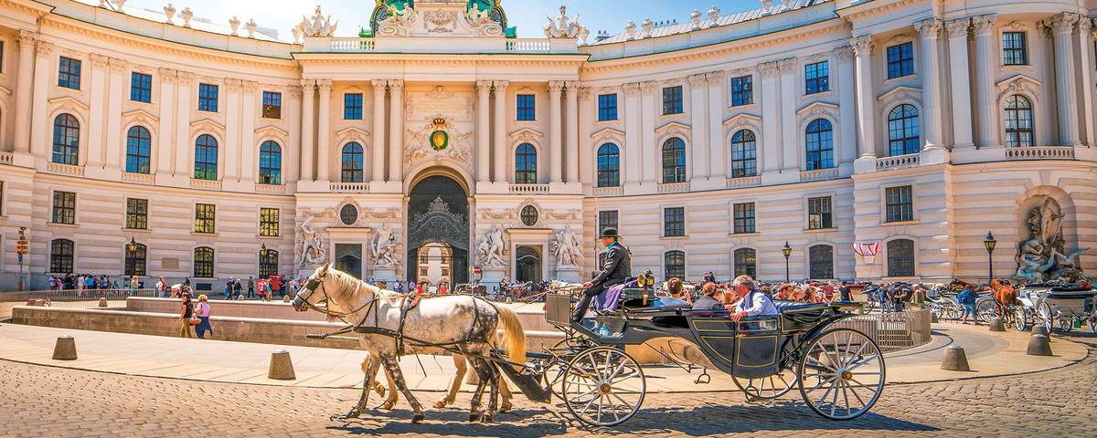 Weißes Pferd zieht Kutsche mit Menschen vor historischem Gebäude
