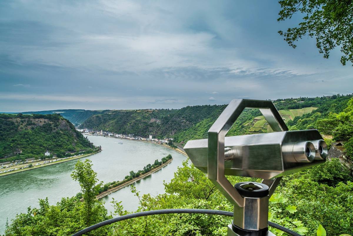 Blick von Aussichtsplattform der Loreley auf den Rhein im Grünen