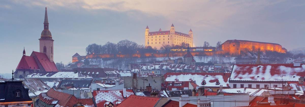 Ausblick auf eine leicht verschneite Stadt mit imposantem Gebäude in der Ferne