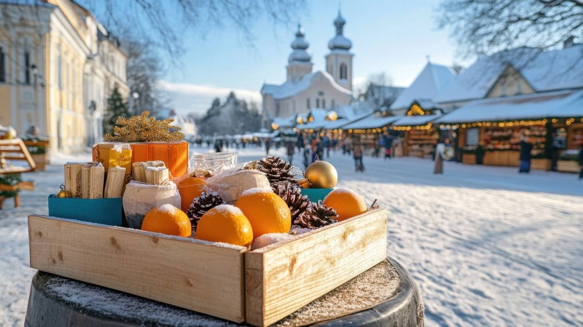 Festlich geschmückte Orangenkiste auf dem Weihnachtsmarkt