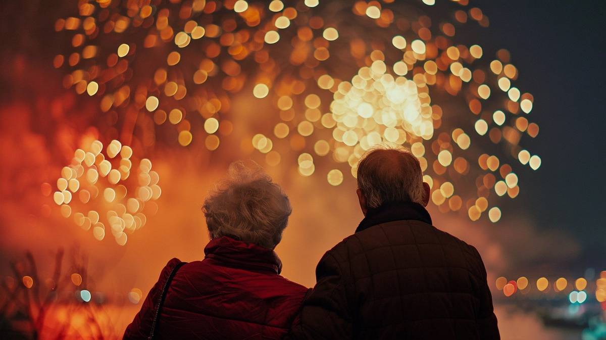 Bestager Ehepaar bewundert das Feuerwerk an Silvester