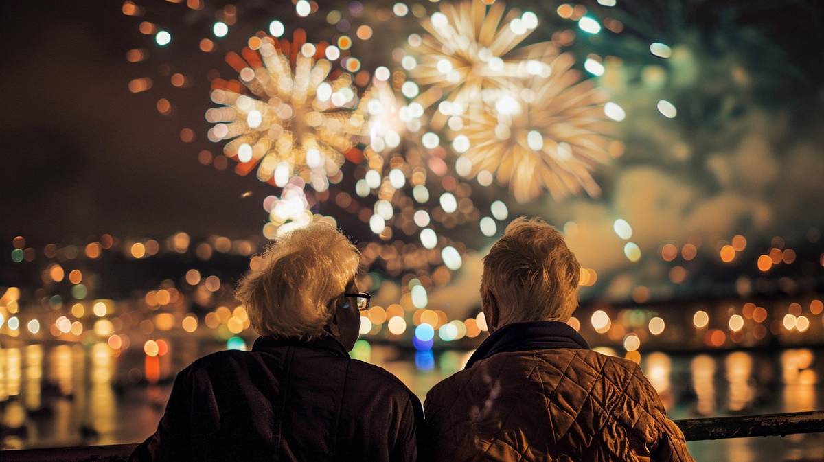 Ehepaar genießt das farbenfrohe Silvesterfeuerwerk über der Donau