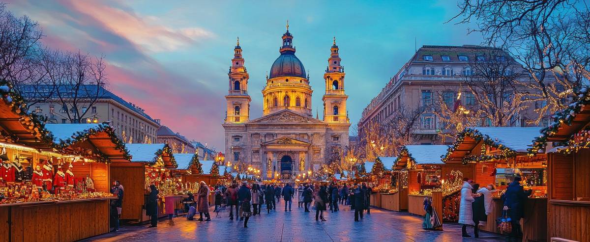 Festlich geschmückter Weihnachtsmarkt in Budapest vor der St.-Stephans-Basilika