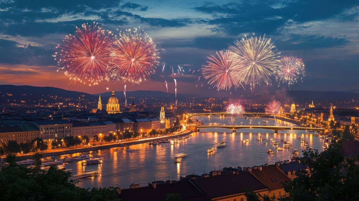Budapest an der Donau mit Silvesterfeuerwerk und Blick auf die Kettenbrücke sowie das Parlamentsgebäude
