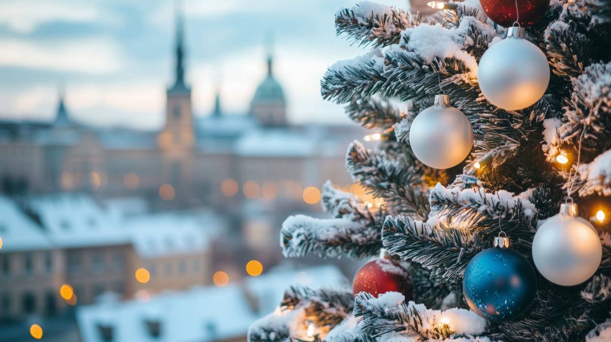 Festlich geschmückter Weihnachtsbaum mit Winterpanorama