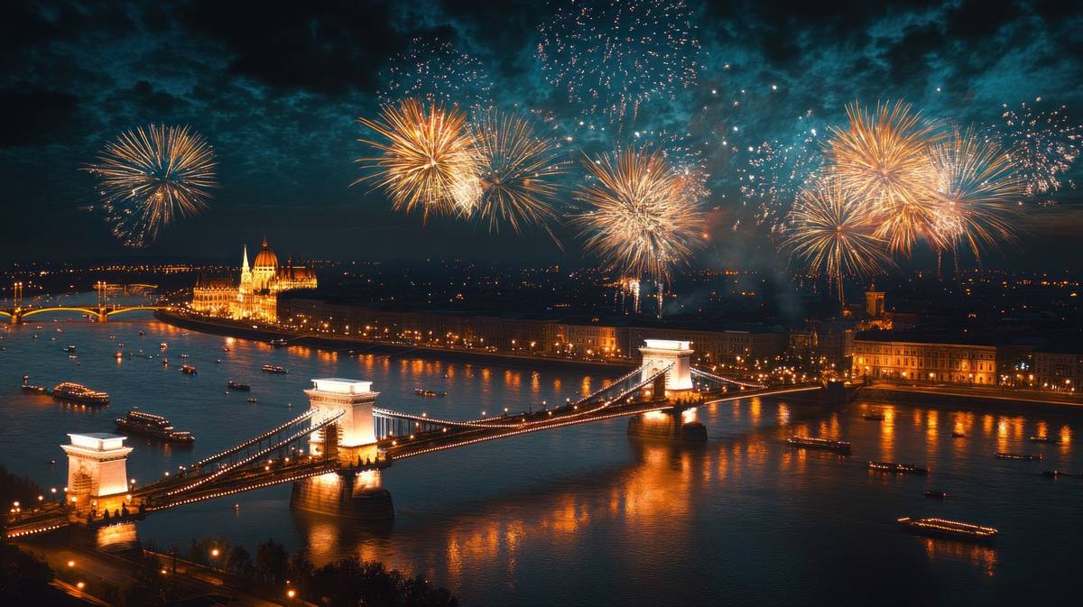 Silvesterfeuerwerk über der Donau in Budapest mit Blick auf die Kettenbrücke