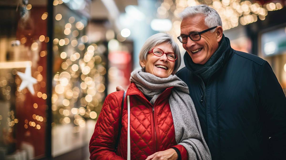 Zwei winterlich gekleidete Menschen mittleren Alters beim Einkaufen