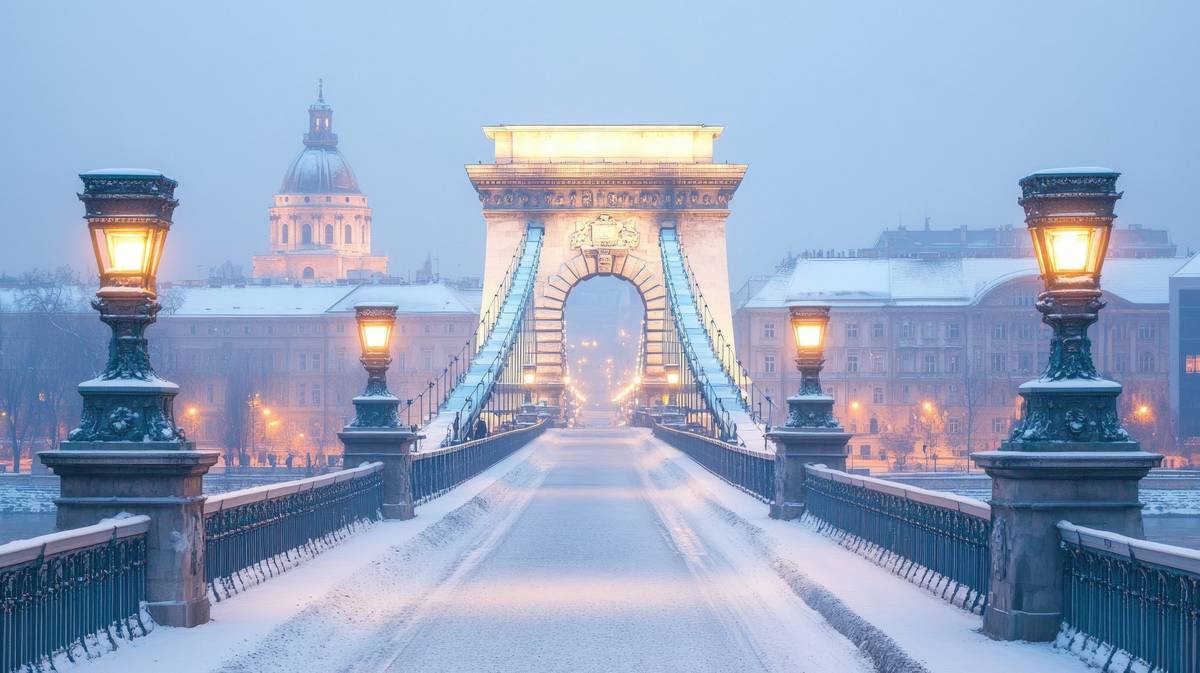 Winterliche Aussicht auf die verschneite Kettenbrücke in Budapest mit Blick über die Donau