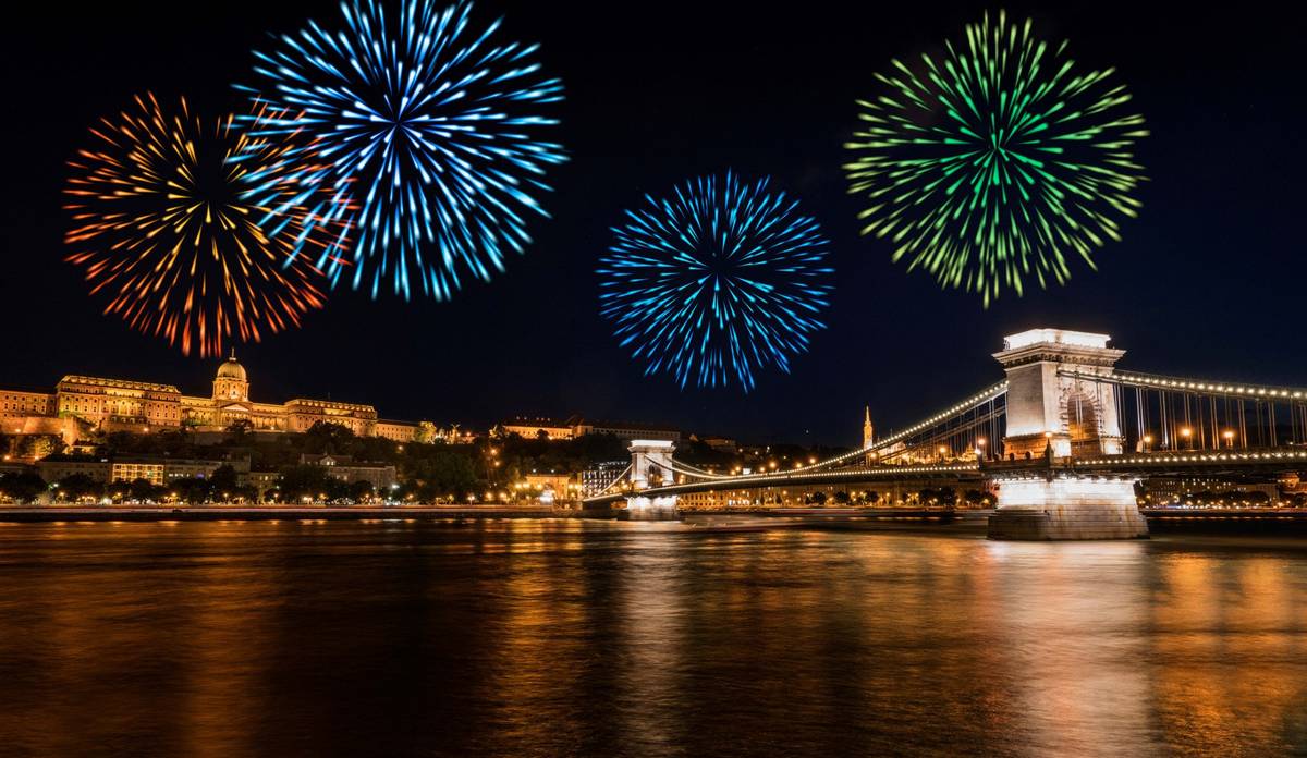 Silvesterfeuerwerk über der Kettenbrücke in Budapest an der Donau