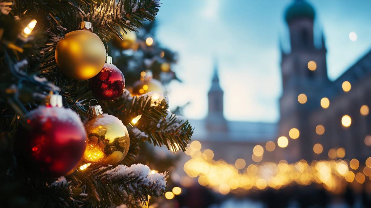 Festlich geschmückter Weihnachtsbaum mit Ausblick auf die Stadt