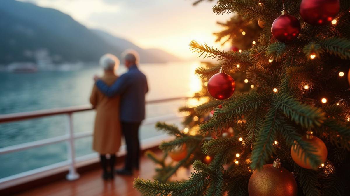 Bestager Ehepaar auf einer Flusskreuzfahrt an Weihnachten