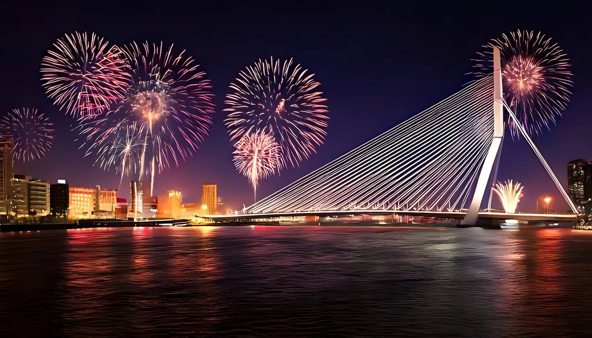 Mehrere Feuerwerksraketen bilden ein Panorama über der Erasmusbrücke in Rotterdam