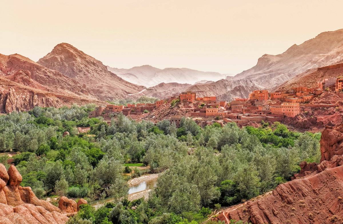Ausblick auf die Dades Schlucht in Marokko bei Ourzazate. Felsformationen in rötlicher Färbung, mittendrin Grünanlage mit Pflanzen