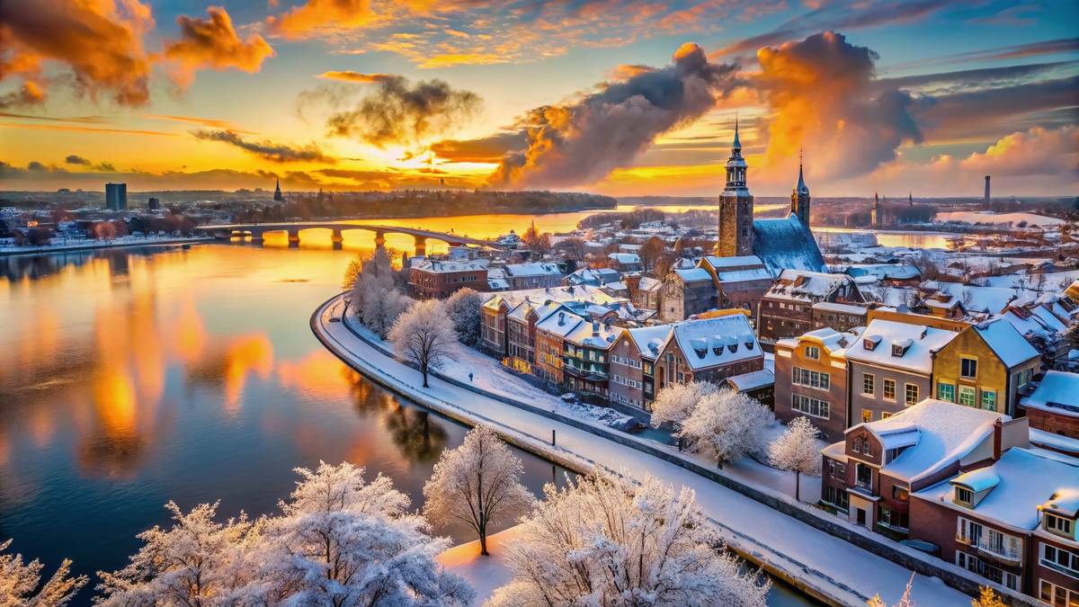 Winterpanorama der niederländischen Stadt Nijmegen mit verschneiten Häuserdächern und bei orange-leuchtendem Sonnenaufgang