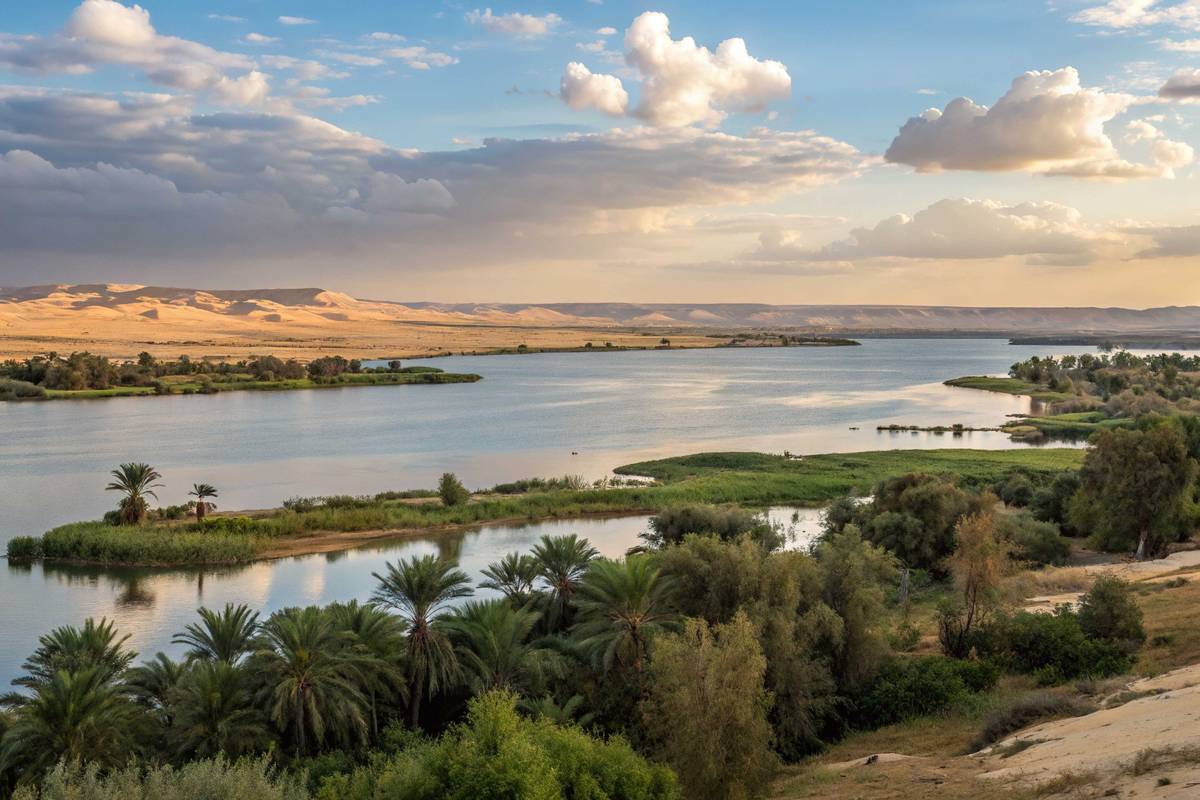Die Oase Fayyoum mit dem Qarun See und goldenen Sanddünen im Hintergrund