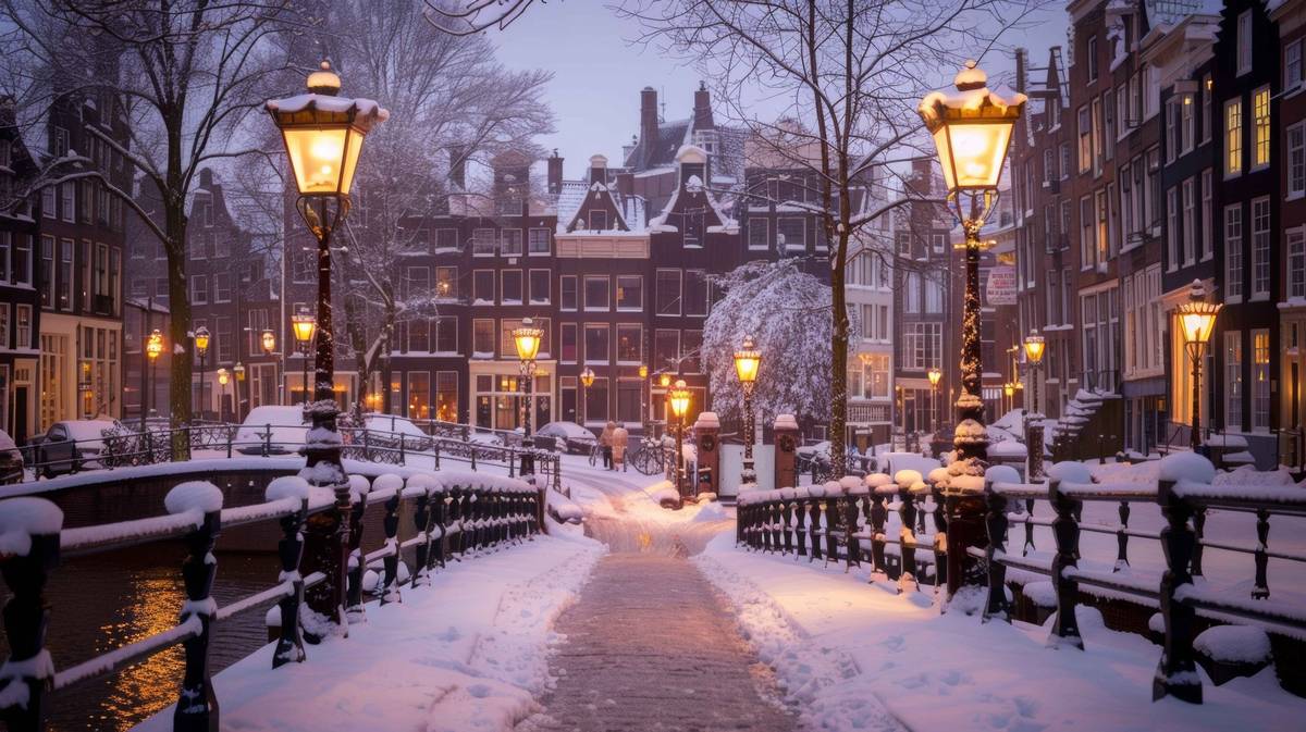 In Schnee gehüllte Brücke am Abend in Amsterdam
