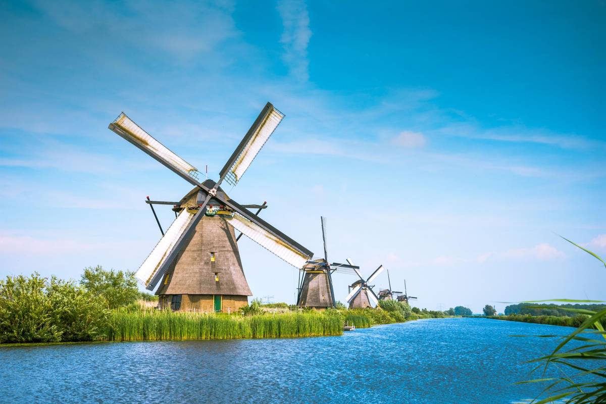 Panoramaaufnahme von Windmühlen in den Niederlanden an blauem Wasser am hellichten Tag