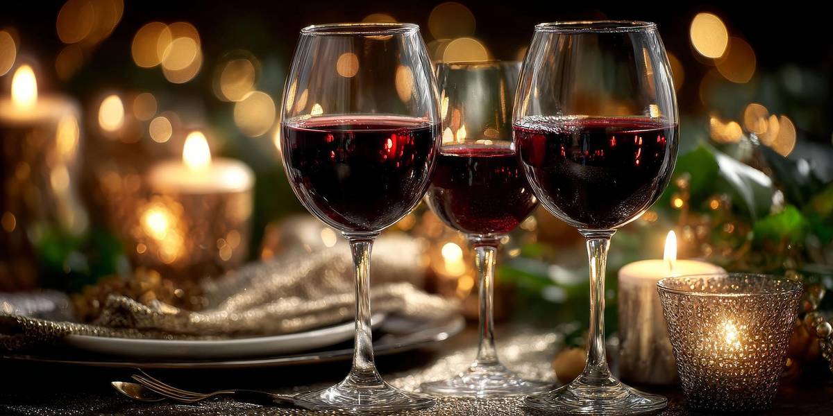 Weihnachtsessen mit festlich gedecktem Tisch, Kerzen und drei Rotweingläser