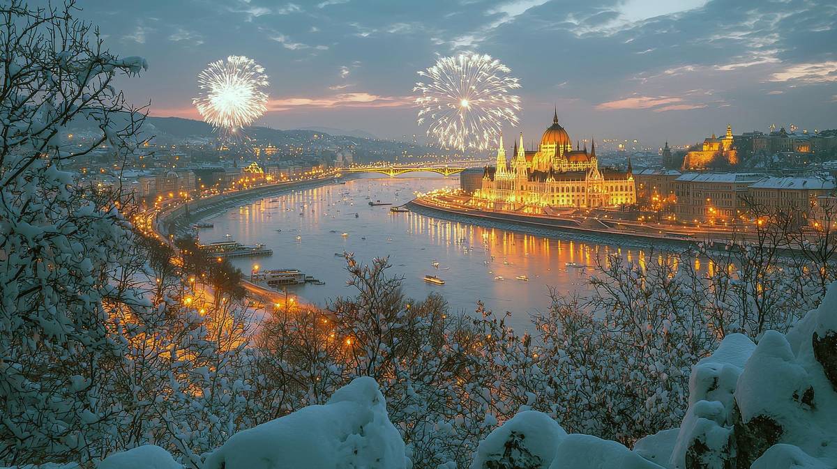 Wundervolle Ausblick auf Silvesterfeuerwerk über Budapest. Man sieht eine wundervoll schneebedeckte Landschaft, die Donau und das Parlamentsgebäude während Silvester-Flusskreuzfahrt.