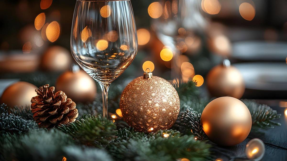 Weihnachtsessen an einem festlich gedecktem Tisch mit Weihnachtskugeln, Weingläsern und Tannenzapfen