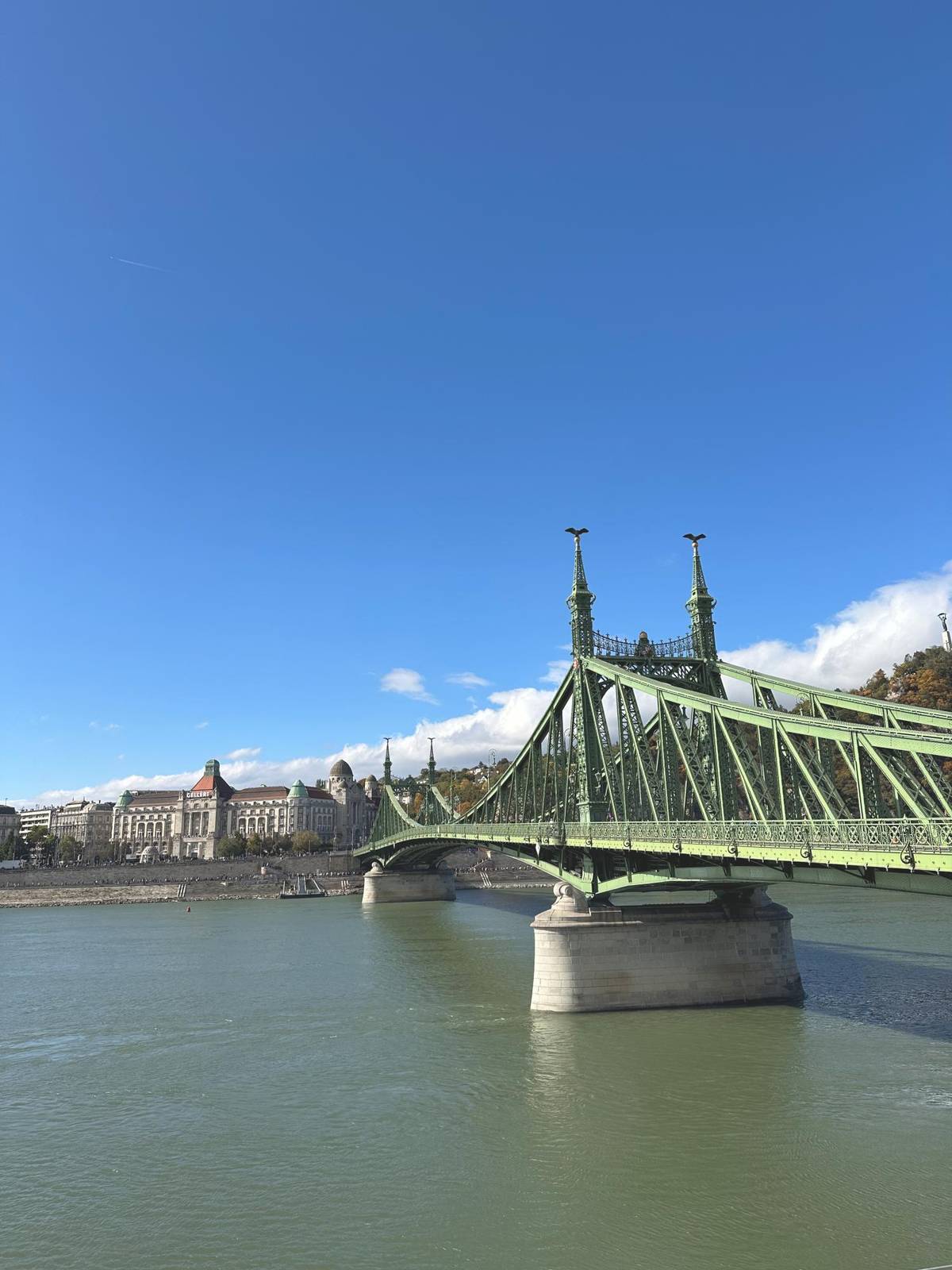 Ausblick auf die Freiheitsbrücke in Budapest an der Donau. Auf der anderen Seite sieht man das berühmte Gellert Gebäude.