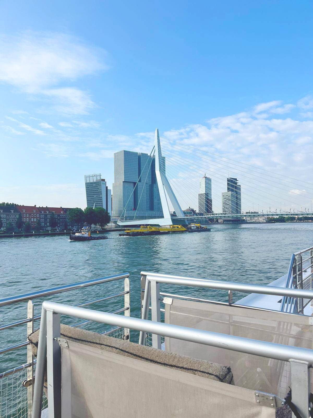 Blick vom Flusskreuzfahrtschiff auf die imposante und ultramoderne Erasmusbrücke im Hafen von Rotterdam. Im Hintergrund ein typisches Hochhaus der Metropole.