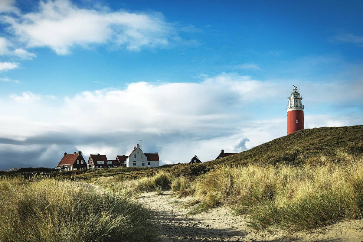 Ausblick auf die Dünenlandschaft mit Leuchttürmen und Dünenhäuschen auf der Insel Texel