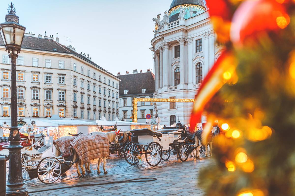 Blick auf die winterliche Hofburg mit Kutsche in Wien