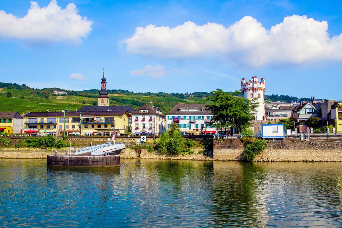 Aussicht auf Rüdesheim bei bestem Wetter, die Stadt spiegelt sich romantisch im Fluss