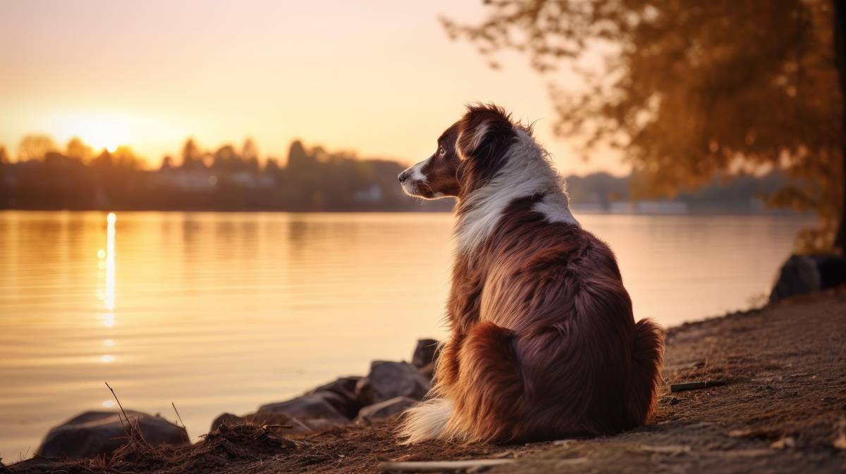 Blick auf einen mittelgroßen Hund am Fluss