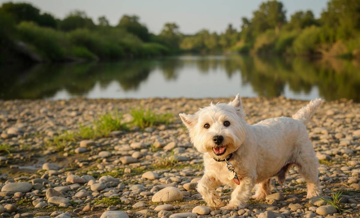 Westhighland Terrier spielt fröhlich am Rheinunfer bei bestem Wetter